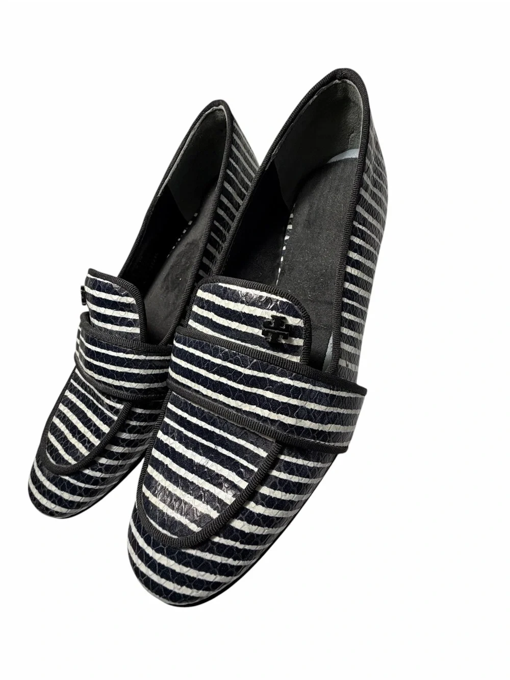Tory Burch Evette Penny Loafers Striped Black & White Leather Loafers Sz 5.5